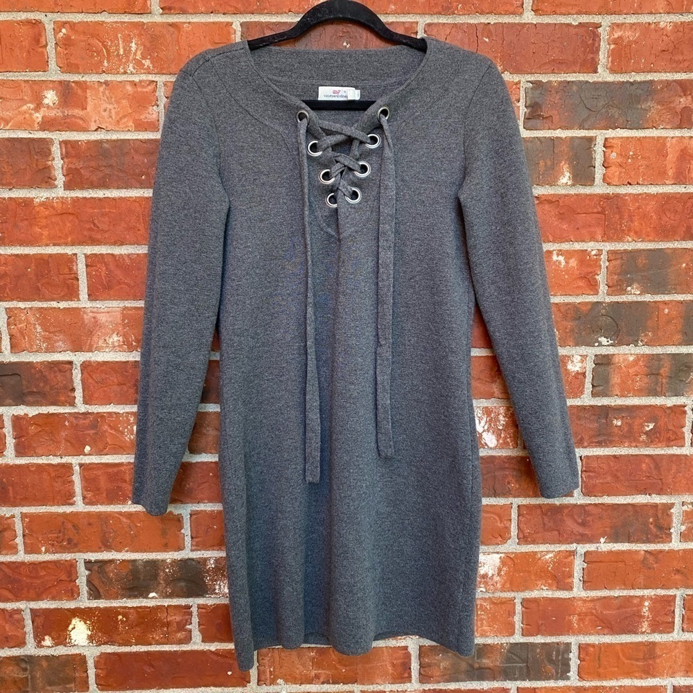 Vineyard Vines Womens Small Merino Wool Gray Lace Up Vneck Sweater Dress